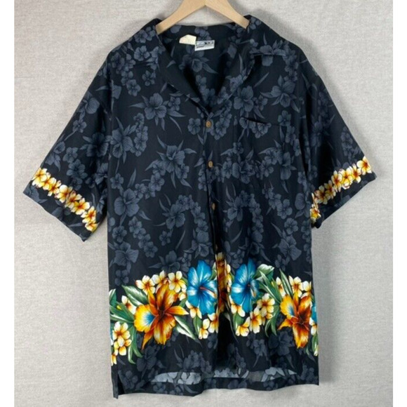 Vintage Good Vibes Mens Button Up Hawaiian Shirt Size L Tropical Floral Surfer - Picture 1 of 8